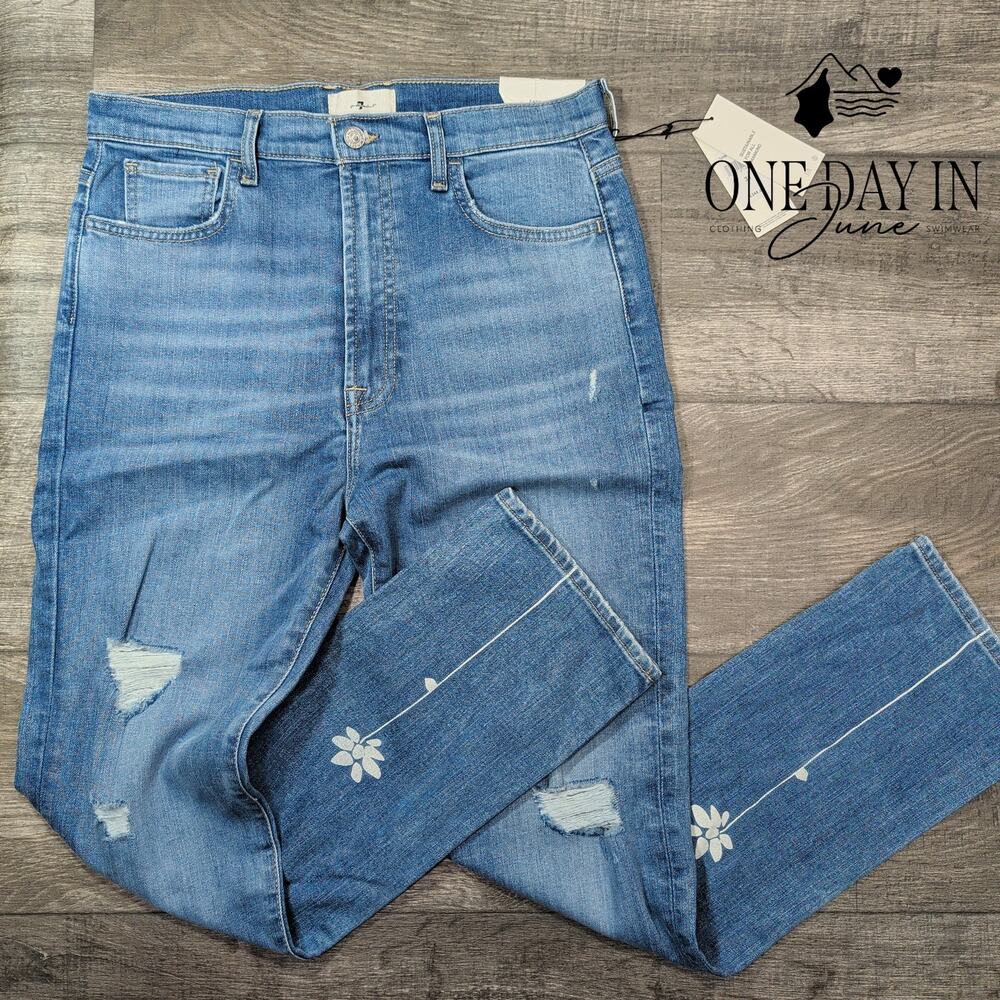 7 For All Mankind Easy Slim Jeans Floral Distressed High Rise NWT $248 Size 12